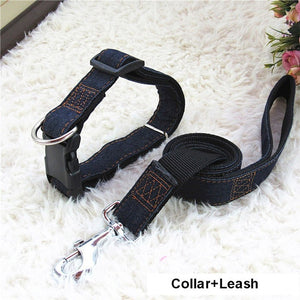 Hot Sale 120cm Long Fashion Denim & Nylon Rope Dog Leash Black/Red/Blue Jean Puppy Dog Collar/Harness+Leash Sets Pet Products