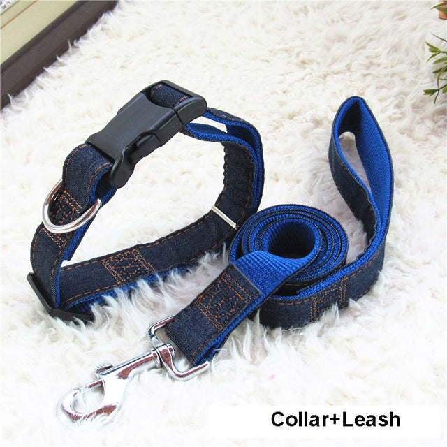 Hot Sale 120cm Long Fashion Denim & Nylon Rope Dog Leash Black/Red/Blue Jean Puppy Dog Collar/Harness+Leash Sets Pet Products