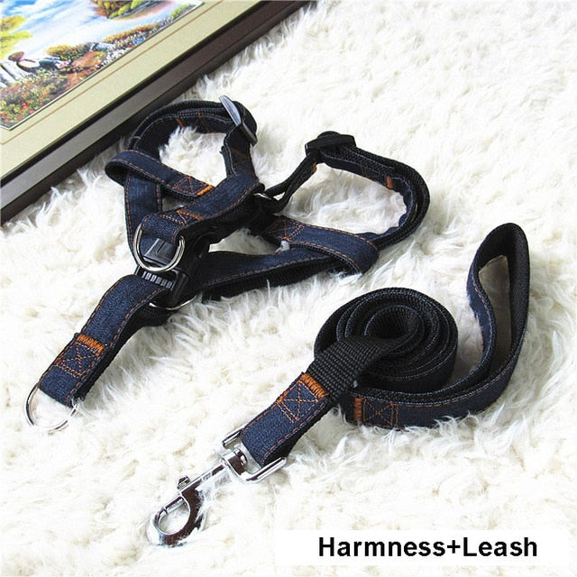 Hot Sale 120cm Long Fashion Denim & Nylon Rope Dog Leash Black/Red/Blue Jean Puppy Dog Collar/Harness+Leash Sets Pet Products