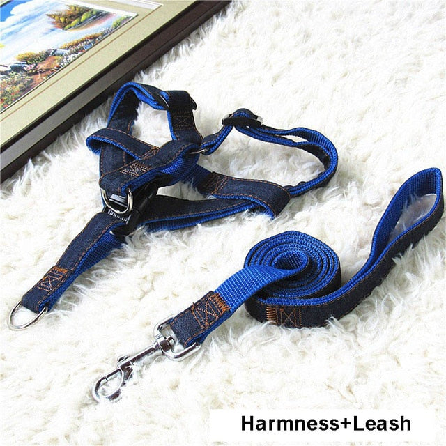 Hot Sale 120cm Long Fashion Denim & Nylon Rope Dog Leash Black/Red/Blue Jean Puppy Dog Collar/Harness+Leash Sets Pet Products