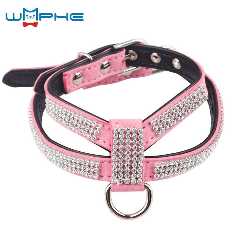 Soft Suede Fabric Fashion Bling Rhinestone Leather Dog Harness Leash for Small Dog Puppy Cat Chihuahua Pink Collar Pet Products