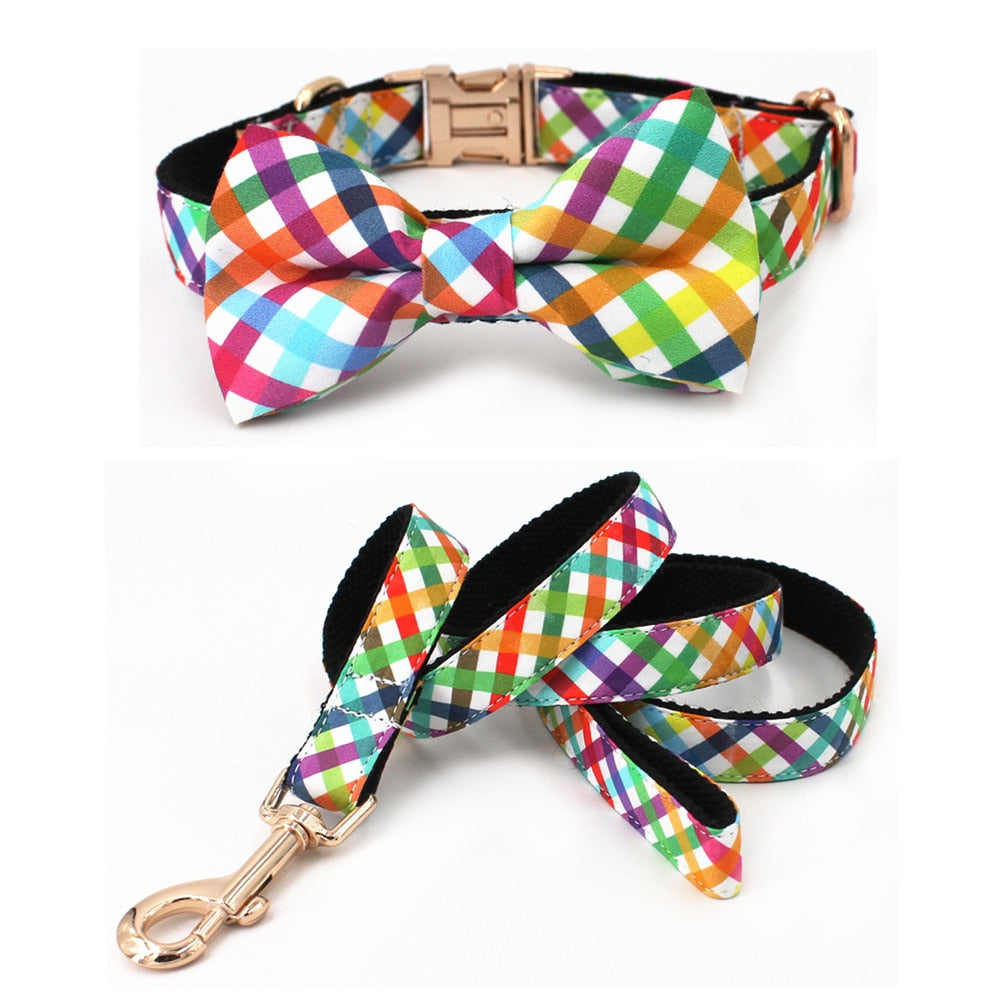Fashion Colorful Plaid Dog collar with bow tie,Leash for 5size to choose ,best gifts for your pet