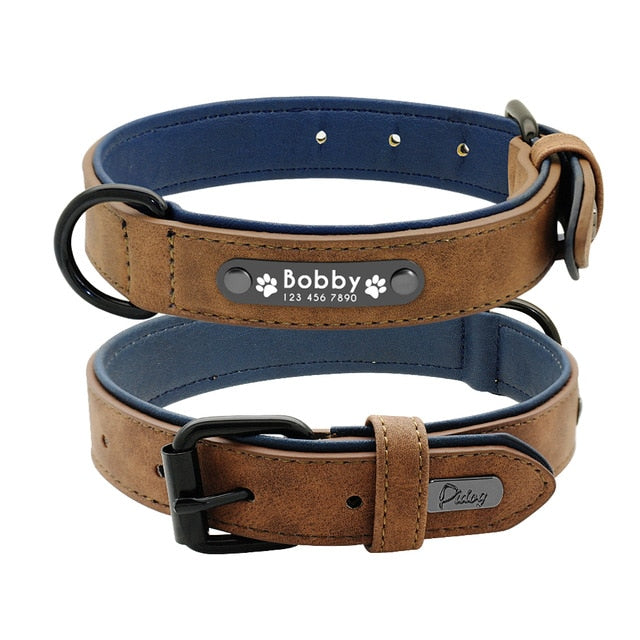 Personalized Dog Collar and Leash Leather Padded Customized Engraved Dogs Collars Lead Rope Set Bulldog Pitbull