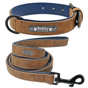 Personalized Dog Collar and Leash Leather Padded Customized Engraved Dogs Collars Lead Rope Set Bulldog Pitbull