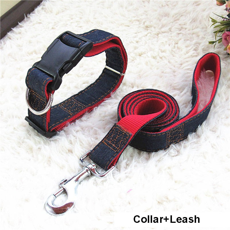 Hot Sale 120cm Long Fashion Denim & Nylon Rope Dog Leash Black/Red/Blue Jean Puppy Dog Collar/Harness+Leash Sets Pet Products