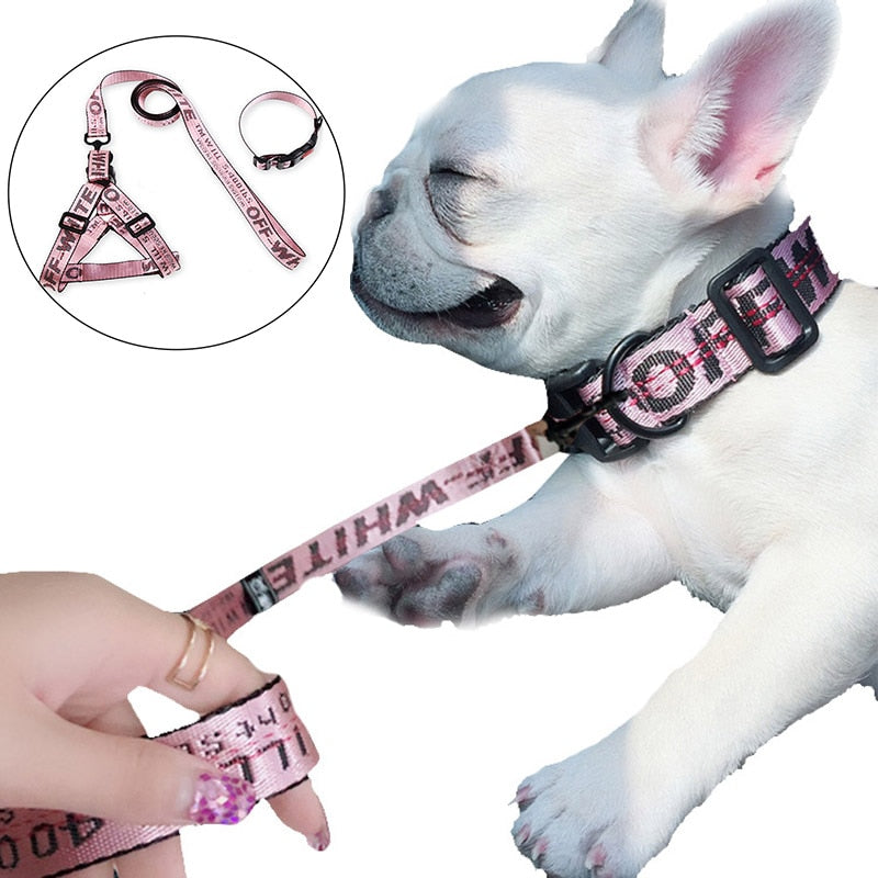 Fashion Lettered Pet Dog Collar Harness Leash Set 1.5cm Durable Nylon Rope Leads French Bulldog Puppy Walking Dogs Pet Supplies