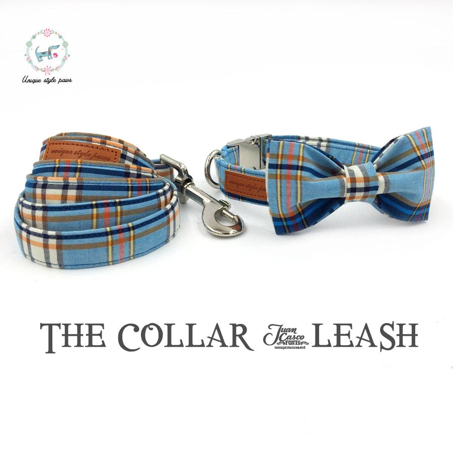 Fashion Blue Cotton Plaid Dog Collar and Leash Set with Bow Tie Pet Necklace Jewelry Accessory