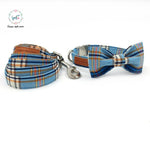 Fashion Blue Cotton Plaid Dog Collar and Leash Set with Bow Tie Pet Necklace Jewelry Accessory