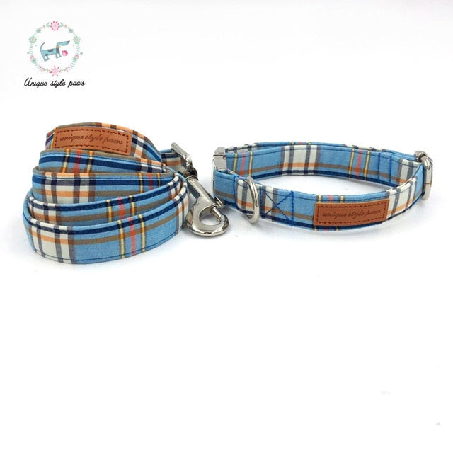 Fashion Blue Cotton Plaid Dog Collar and Leash Set with Bow Tie Pet Necklace Jewelry Accessory