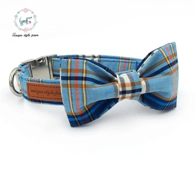 Fashion Blue Cotton Plaid Dog Collar and Leash Set with Bow Tie Pet Necklace Jewelry Accessory