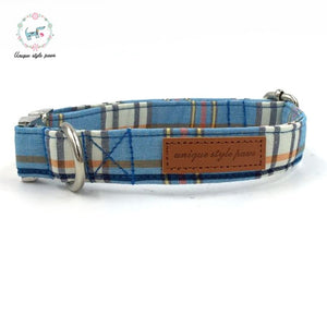 Fashion Blue Cotton Plaid Dog Collar and Leash Set with Bow Tie Pet Necklace Jewelry Accessory